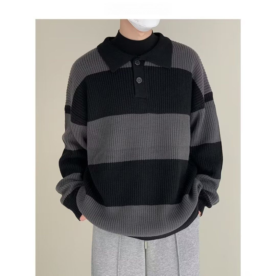 Collar Striped Knitted Sweater Versatile For Spring And Autumn, Loose Sweater_viptrois.com
