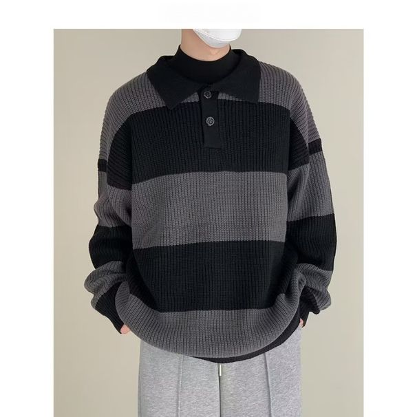 Collar Striped Knitted Sweater Versatile For Spring And Autumn, Loose Sweater_viptrois.com