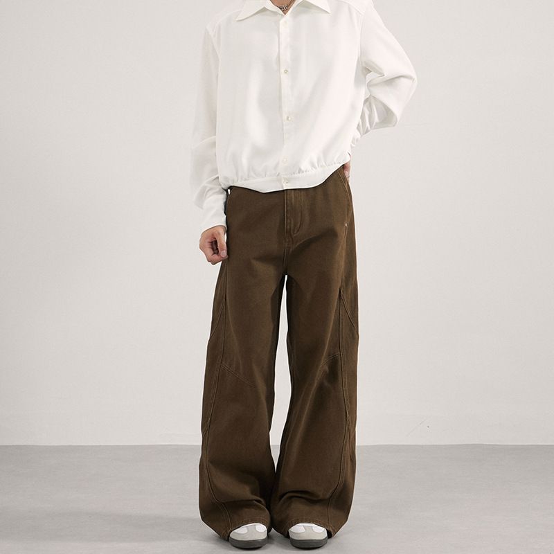Deconstructed Vintage Washed Cotton Pants – Relaxed Straight-Leg Drop-Crotch Trousers With Pleated Details (Brown/Olive Green, Unisex Y2K Streetwear)_viptrois.com