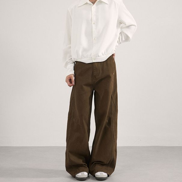 Deconstructed Vintage Washed Cotton Pants – Relaxed Straight-Leg Drop-Crotch Trousers With Pleated Details (Brown/Olive Green, Unisex Y2K Streetwear)_viptrois.com