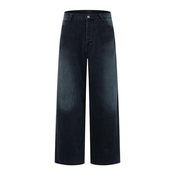 Spray Paint Color Block Denim Straight Long Vintage Punk Men's Vibe High Street Fashion Button Open Loose Wide Leg Pants_viptrois.com