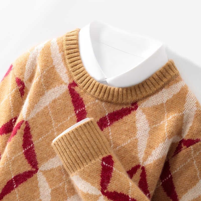 Nordmann Round Neck Wool Sweater Men Fashion Block Thickened Knitwear Loose Casual Cashmere Base Shirt Contrast Color Top_viptrois.com
