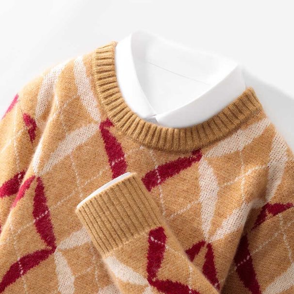Nordmann Round Neck Wool Sweater Men Fashion Block Thickened Knitwear Loose Casual Cashmere Base Shirt Contrast Color Top_viptrois.com