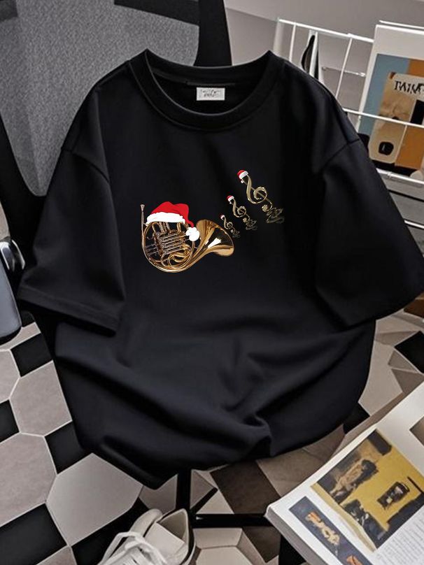French Horn Music Shirt Santa Hat Christmas Musical Apparel T-Shirt Soft Homme Fashion Stylish Summer Casual Stretched Versatile Breathable_viptrois.com