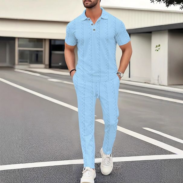 Men's Solid Color Knit Polo Shirt With Long Pants Casual Suit - Lightweight & Breathable Fabric For Everyday Comfort_viptrois.com