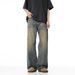 Small Niche Worn-Out Washed Straight Jeans For Men In Autumn, Loose And Versatile Wide Leg Floor Length Pants_viptrois.com
