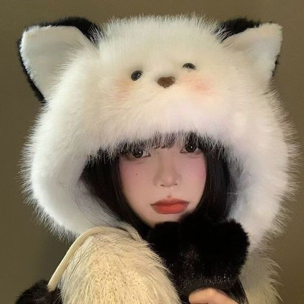 Thickened Cute Powder Blusher Kitten Plush In Winter, Warm Ear Protection, Lei Feng Hat, Small Face Atmosphere Hat_viptrois.com