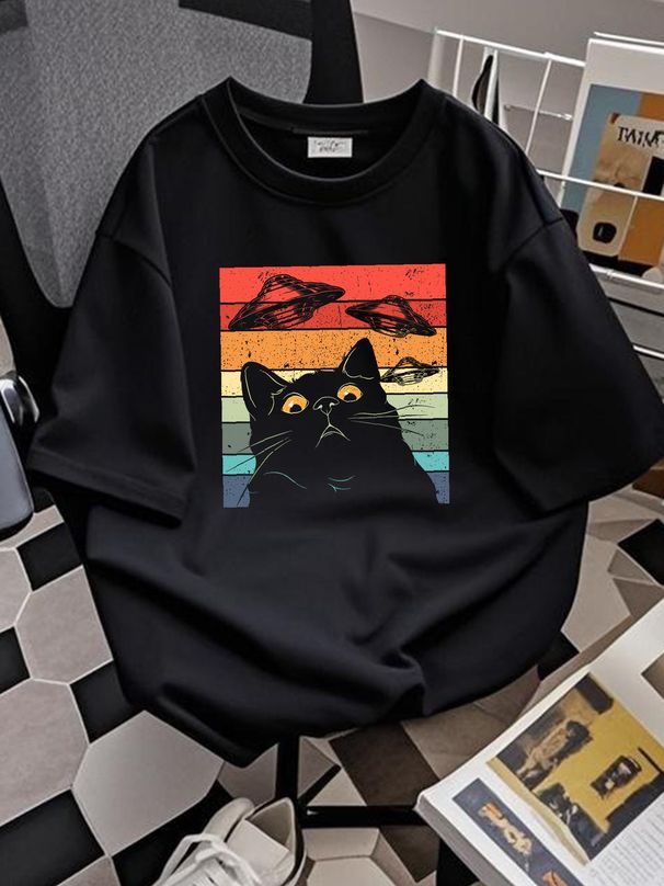 Funny Cat Tee, Galaxy Cat Shirt Spaceship Alien Cat UFO T-Shirt Size S-5XL Designer Clothes Stretched Slightly Streetwear Unisex Breathable_viptrois.com