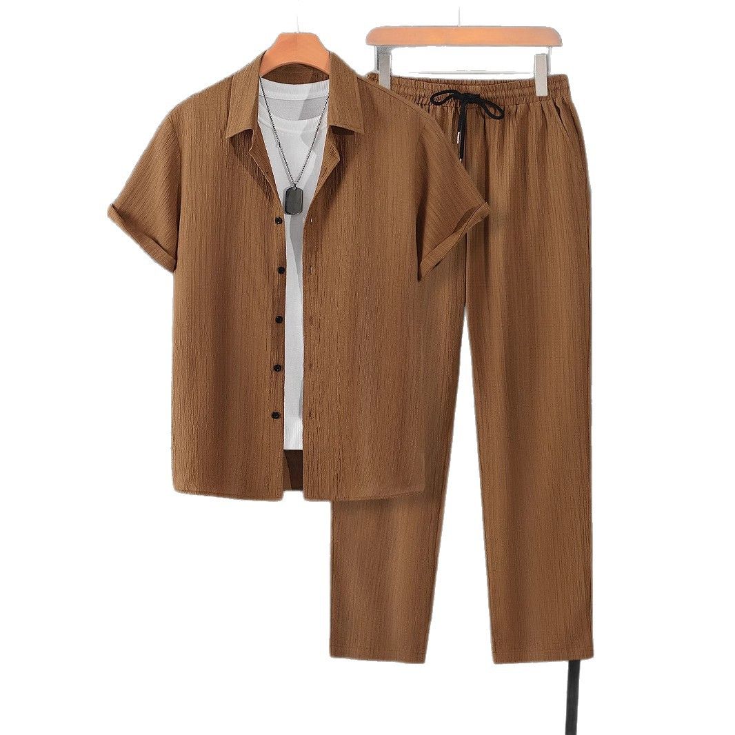 Men's Casual Short Sleeve Shirt & Pants Set, Light Brown Summer Beach Outfit, Comfortable Polyester Blend, S-Xxl_viptrois.com