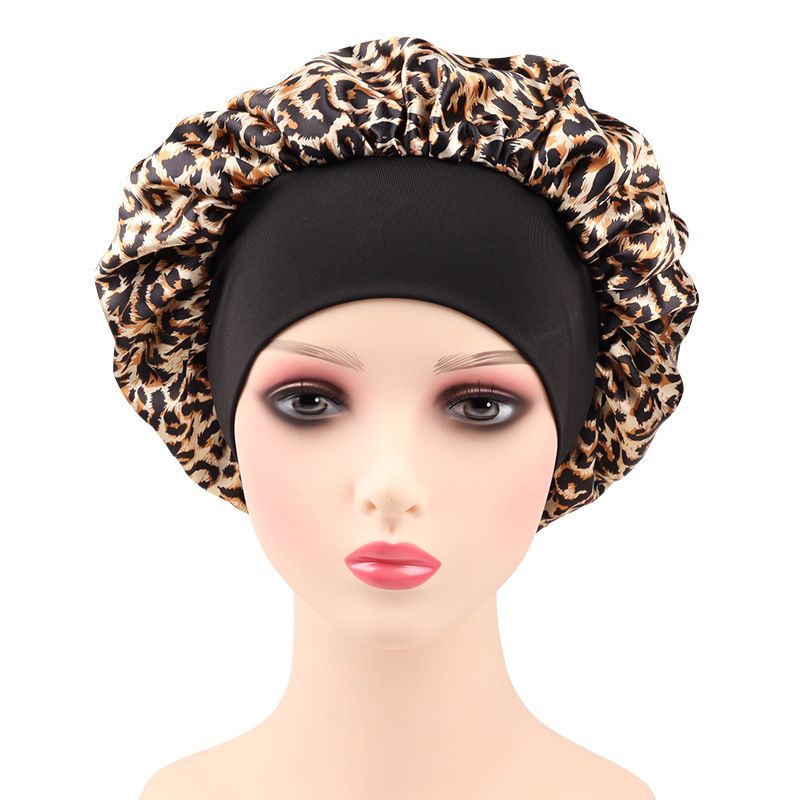 Hijab & Turban New Printed Satin Sleeping Cap Elastic Wide Brim Women's Hair Care Cap Round Hat Bonnet Witch Hat_viptrois.com