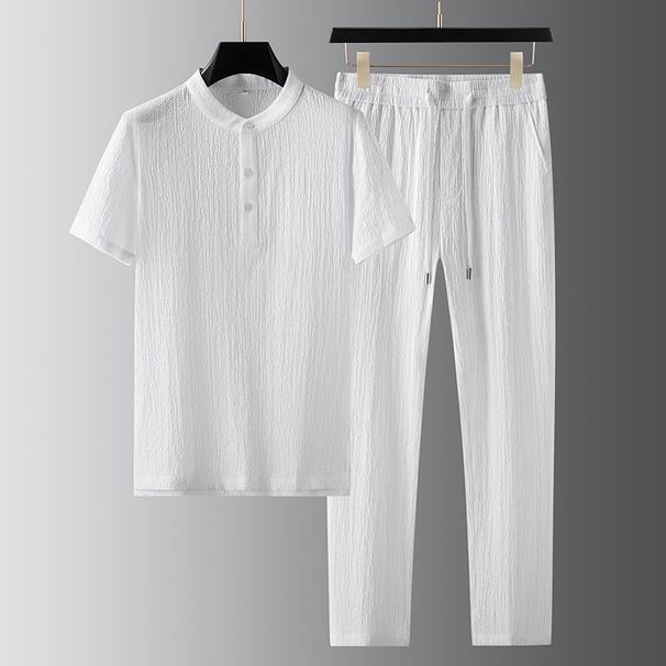 Men's Clothing Summer High End Pleated Thin Men's Casual Sports Suit Chinese Style High End Slim Short Sleeve Two Piece Suit_viptrois.com