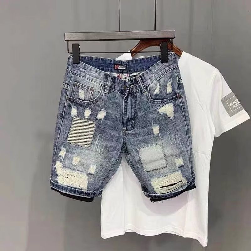2024 New Brand Internet Famous Ripped Denim For Men's Summer Korean Version Trendy And Cool Slim Fit Five Inch Shorts_viptrois.com