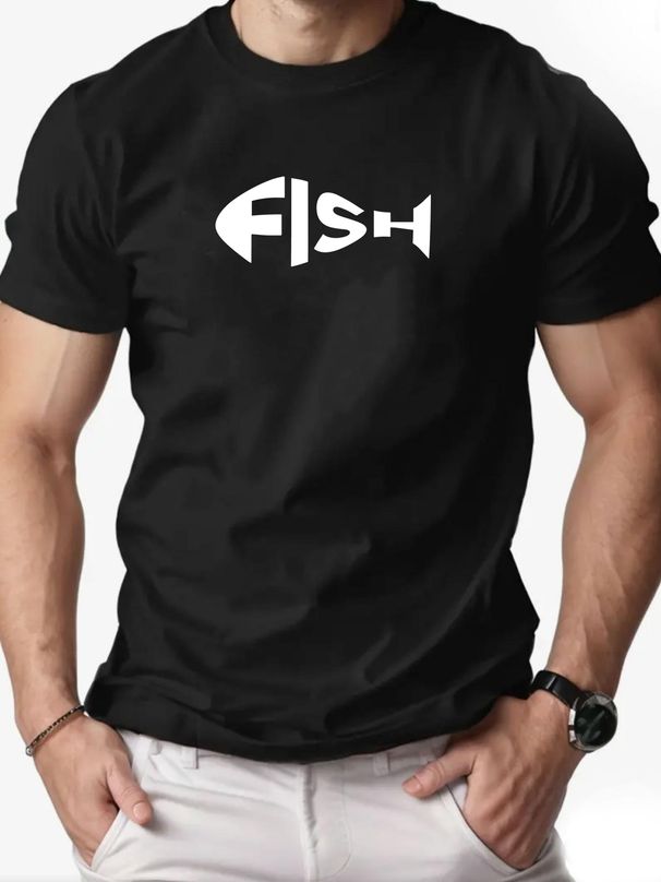 Maglietta Uomo 180g Cotone Puro Girocollo Stampa Pesce FISH Traspirante Taglio Regolare Estivo Casual_viptrois.com