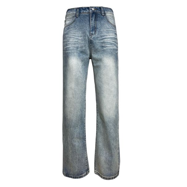 American High Street Gradient Washed Casual Denim Vibe Trendy Punk Distressed Loose Straight Pants Men's Trousers_viptrois.com