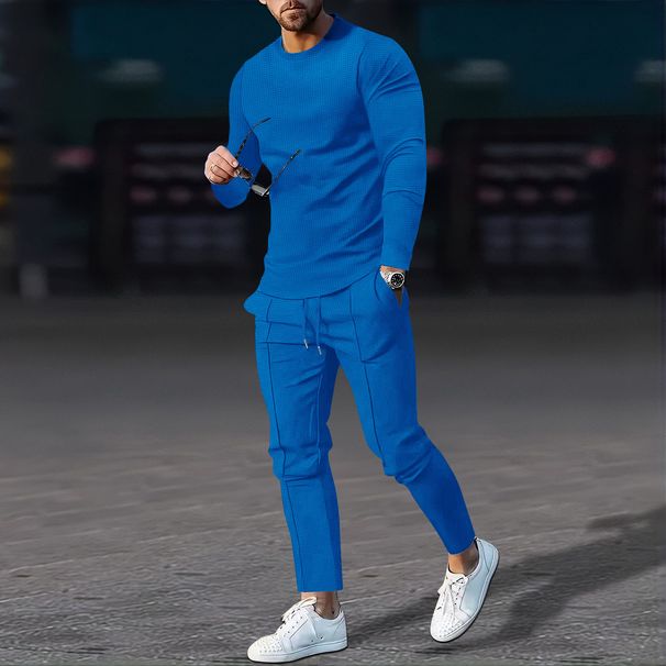 Men's Clothing Waffle-Knit Lounge Set – Solid Color Long Sleeve Top & Pants For Men (White/Black/Navy, S-XXXL)_viptrois.com
