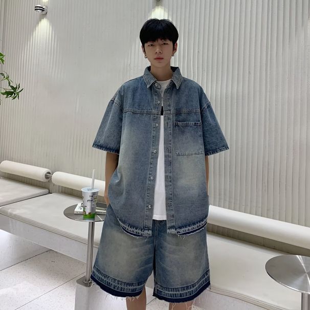 men's Clothing Denim Suit Short-sleeved Shirt Men's Street Wear Shorts Washed Casual Loose Matching Handsome Set_viptrois.com