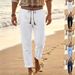 Men's Casual Linen Trousers mid Waist Straight Leg Bohemian Beach Pants Loose Fit Summer Black Solid Color Polyester_viptrois.com