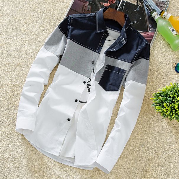 Autumn New Korean Version Slim Fit Flip Collar Long Sleeved Top Fashion Casual Youth Color Block Shirt Men's Wear_viptrois.com