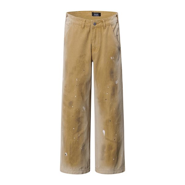 Paint Splatter Distressed Jeans Wasteland Punk Heavy Washed Vintage Ripped Wide-Leg Straight Long Pants Men's Trend_viptrois.com