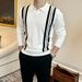 Men's British-Inspired Striped Knit Polo Shirt - Breathable Stretch Polyester Slim Fit Long Sleeve Top With Ribbed Hem (White, Black, Khaki)_viptrois.com