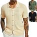 Men's Clothing European And American Men's Casual Knitted Shirts Summer New Solid Color Tops Men's Short Sleeved Lapel Hollow Breathable_viptrois.com