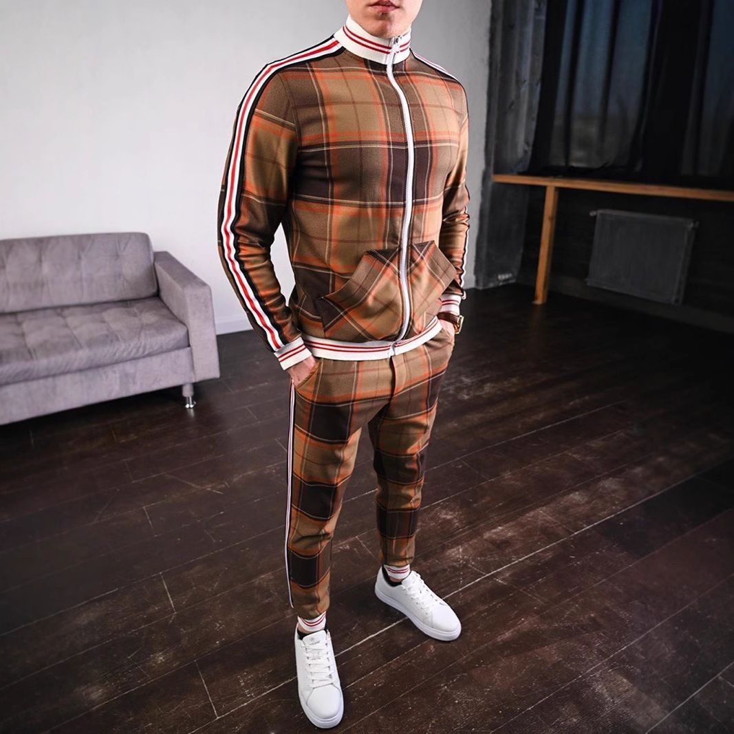 Men's Clothing Men's Suit Autumn Casual Striped Plaid Suit Fashion Jacket Slim Trousers Two Piece Suit_viptrois.com