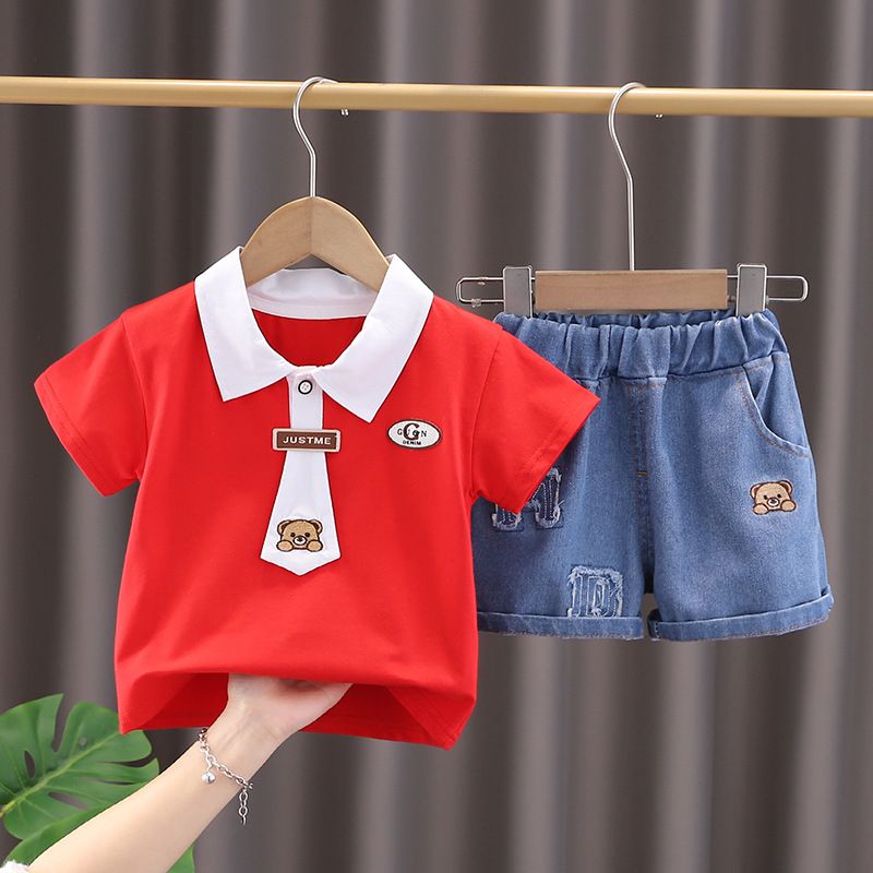 2025 New Summer Children's Men's Tie Bear Short Sleeve Cartoon Round Neck Top Shorts Two Piece Set_viptrois.com