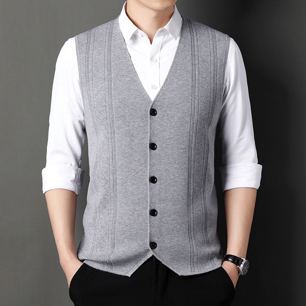Men's Knit Vest Sleeveless Sweater Waistcoat - Slim Fit Striped Jacquard Design, Lightweight Polyester Blend, Versatile For Casual & Office Wear_viptrois.com