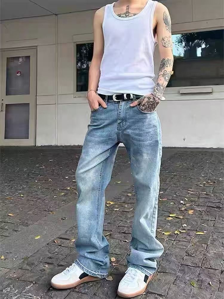 Men's Clothing Washed Snowflake Pattern Ice Blue Straight Jeans Cleanfit Vibe Style Men_viptrois.com