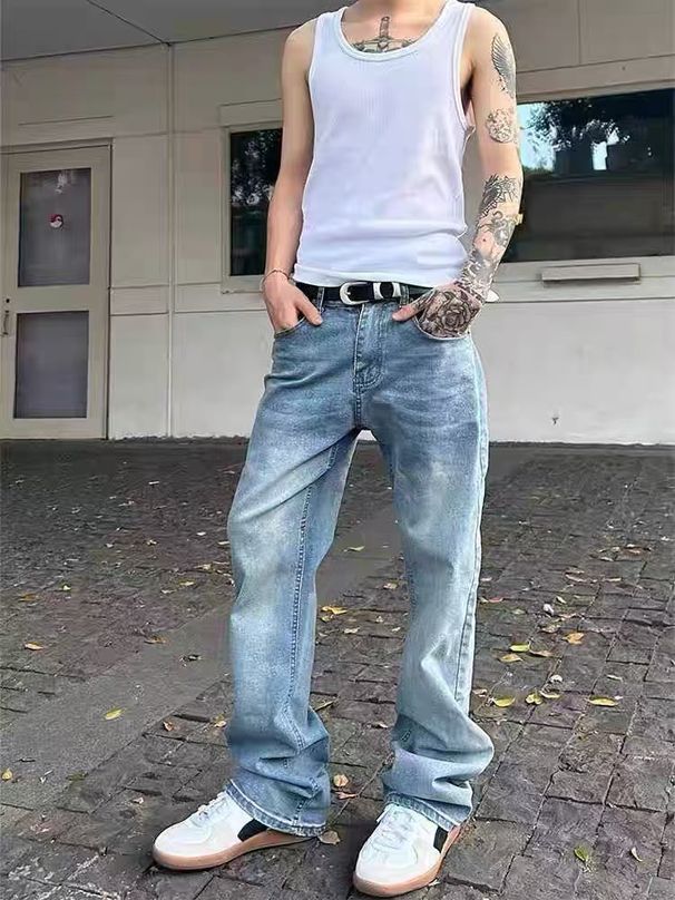 Men's Clothing Washed Snowflake Pattern Ice Blue Straight Jeans Cleanfit Vibe Style Men_viptrois.com