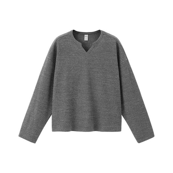 Pulse Jie Zhan Men's Clothing|Blended Waffle Open Collar Long Sleeve 25 Autumn New Solid Color V-Neck Loose Old Money Style_viptrois.com