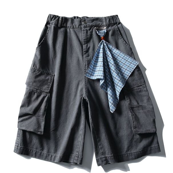 KOOSSOASIS Summer Japanese Retro Ami Kaji Washed Multi-pocket Tooling Cropped Pants Men's And Women's Loose Wide-leg Casual Shorts_viptrois.com