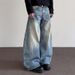 American High Street Cleanfit Bamboo Pattern Distressed Curved Jeans For Boys Straight Leg Slightly Flared Pants Trendy_viptrois.com