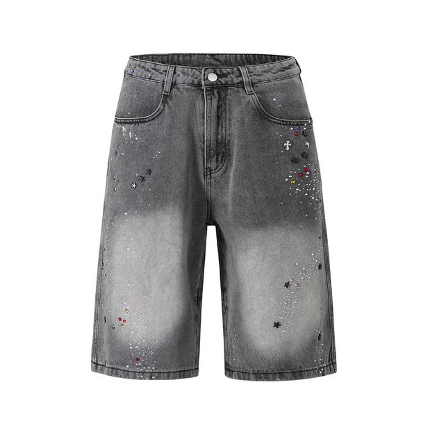 Men's Clothing European And American High Street Foreign Trade Washed White Diamond Studded Retro Denim Shorts Shorts Jeans_viptrois.com