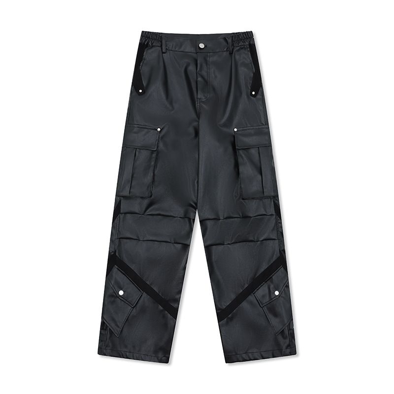 Men's Clothing Retro High End American Multi Pocket Shiny Leather Pants PU Leather Overalls Niche Functional Loose Wide Leg Casual Pants_viptrois.com