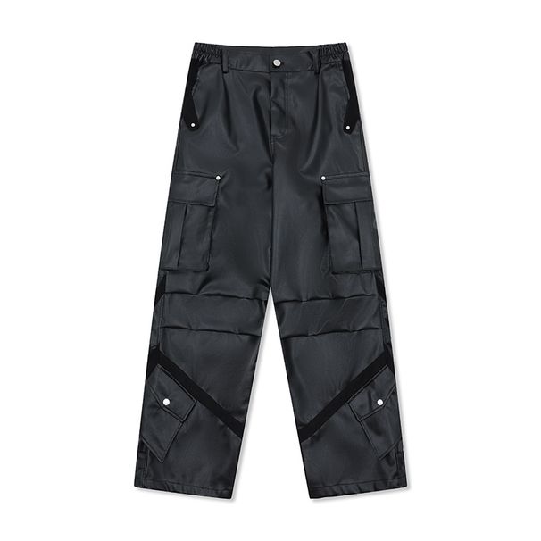 Men's Clothing Retro High End American Multi Pocket Shiny Leather Pants PU Leather Overalls Niche Functional Loose Wide Leg Casual Pants_viptrois.com