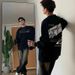 Black Shoulder Long Sleeved T-Shirt For Men In Spring Autumn Vintage American Print Hoodie With Round Neck And Bottom_viptrois.com