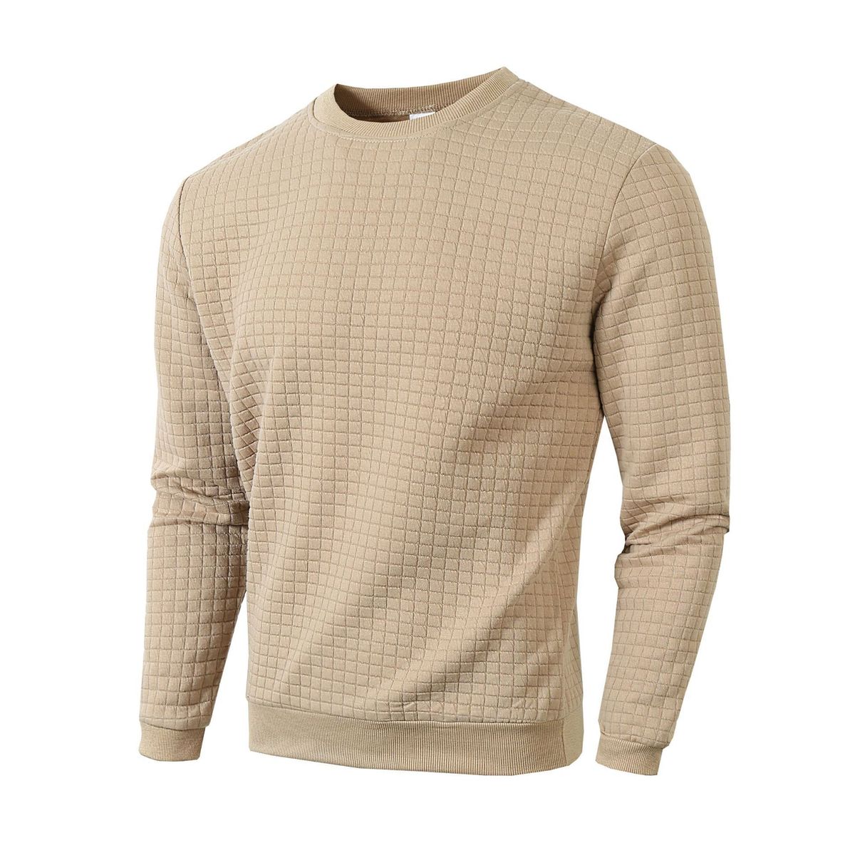 Men's Slim-Fit Crewneck Sweatshirt - Long Sleeve Casual Pullover With Checkered Pattern (White, Black, Army Green, Khaki, Dark Gray)_viptrois.com