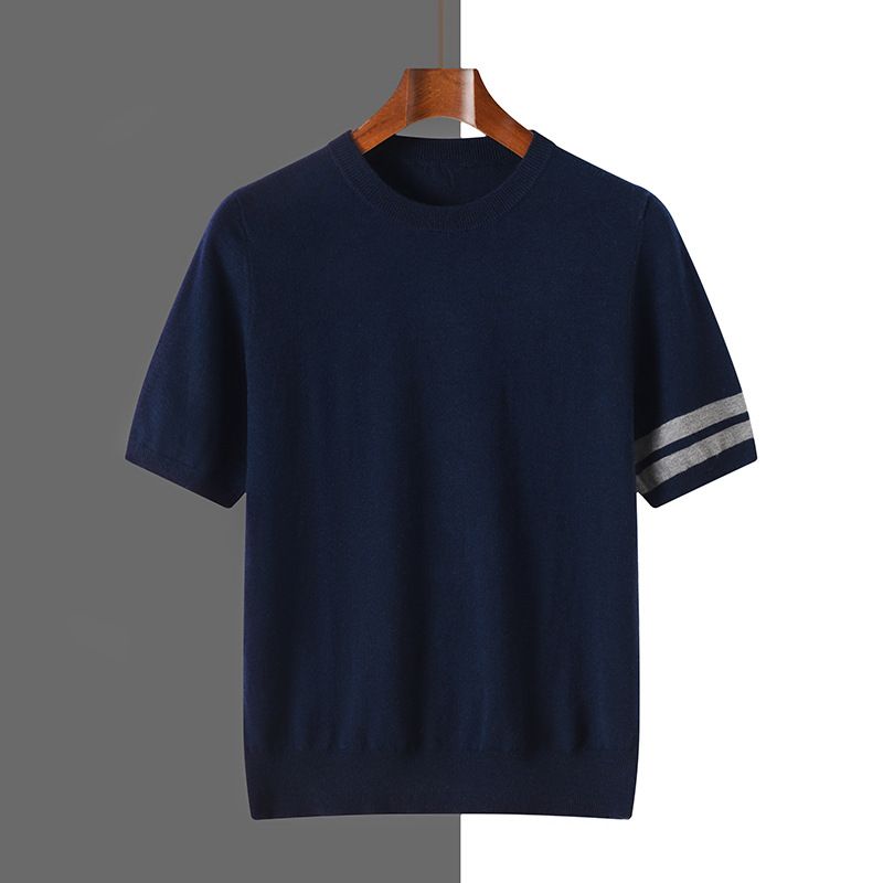 Men's Clothing Wool Round Neck Knitted Men's Short Sleeved T Shirt Thin All Match Three Bar Top Bottoming Shirt_viptrois.com
