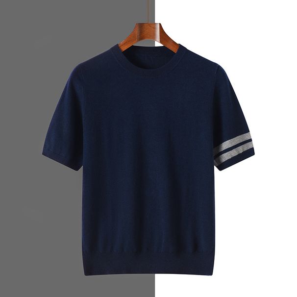 Men's Clothing Wool Round Neck Knitted Men's Short Sleeved T Shirt Thin All Match Three Bar Top Bottoming Shirt_viptrois.com