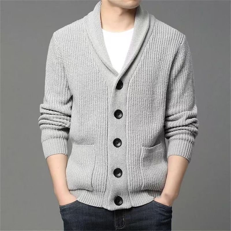 Men's Thick Knit Button Cardigan - Winter Warm V-Neck Wool Sweater With Shawl Collar, Solid Color Casual Pullover For Fall & Winter_viptrois.com