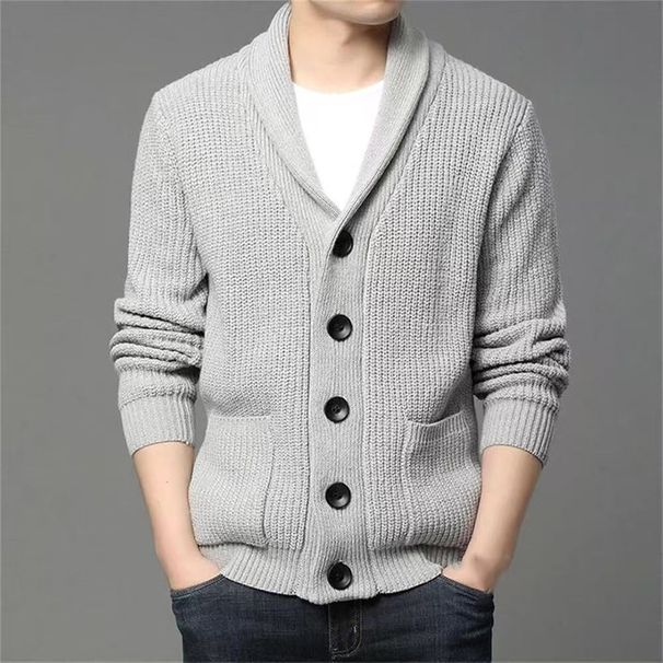 Men's Thick Knit Button Cardigan - Winter Warm V-Neck Wool Sweater With Shawl Collar, Solid Color Casual Pullover For Fall & Winter_viptrois.com