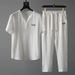 Men's Clothing Short Sleeved Ice Silk Linen Suit Men's Summer Large Size Loose Mid Sleeve T Shirt Cotton And Linen Two Piece Suit_viptrois.com