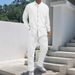 Men's Clothing Retro Stand Collar Linen Shirt & Pants Set Casual Long Sleeve Button-Up Top Relaxed Fit Trousers (White, Navy, Army Green)_viptrois.com