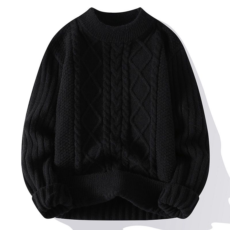 Men's Clothing Solid Color Twisted Sweater Coat Wool Velvet Youth Warm Round Neck Long Sleeve Knitted Bottoming Shirt_viptrois.com