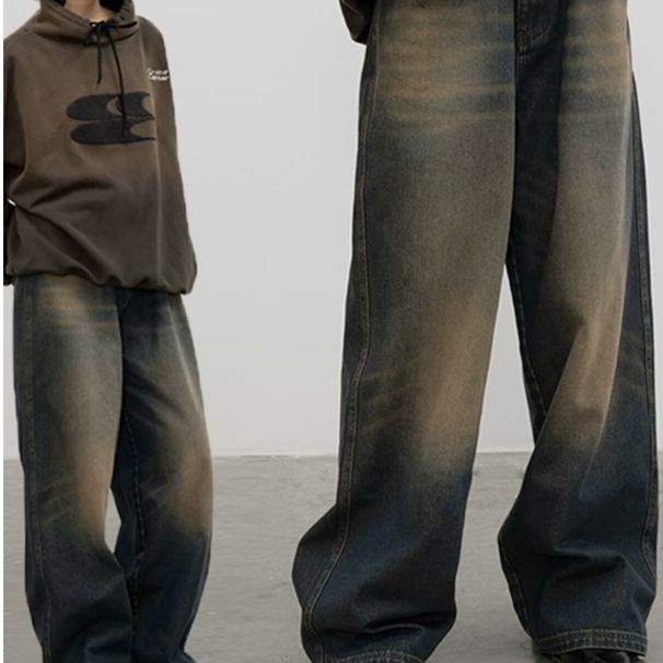 Men's Clothing High Street Vibe Distressed Yellow Mud Dyed Washed Jeans Men's Trend Ins Straight Flared Cleanfit Pants_viptrois.com