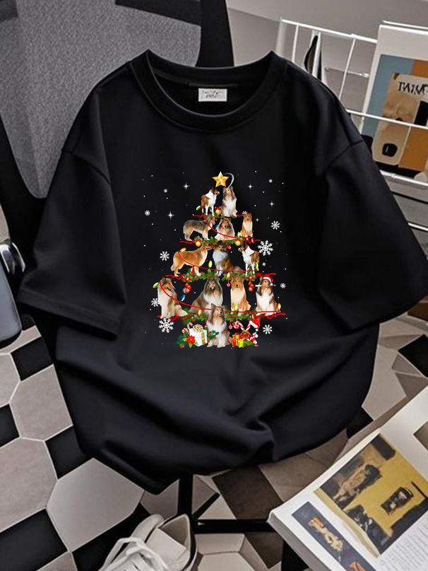 Rough Collie Christmas Tree Lights Funny Dog Xmas Funny Gift T-Shirt Top For Everyday Wear Breathable Soft Summer Slightly Designer Clothes_viptrois.com
