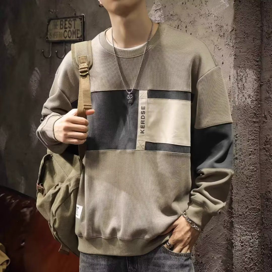 Japanese Retro Sweatshirt Men's Spring Loose Design Long Sleeve T-Shirt High Street Ins Trendy Brand Cool Color Block_viptrois.com