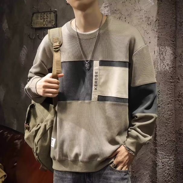 Japanese Retro Sweatshirt Men's Spring Loose Design Long Sleeve T-Shirt High Street Ins Trendy Brand Cool Color Block_viptrois.com