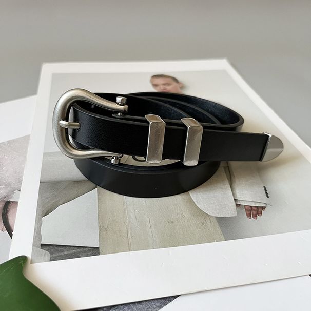 Simple retro silver pin buckle genuine leather belt for women, new top layer cowhide trendy style with jeans jacket_viptrois.com